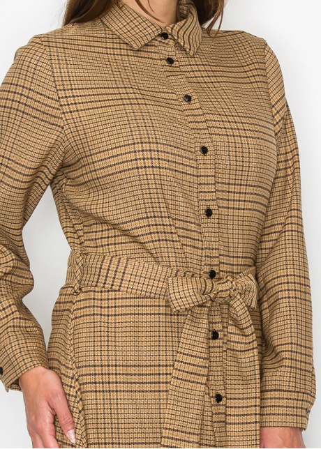 Camel Plaid Shirt Dress with Belt