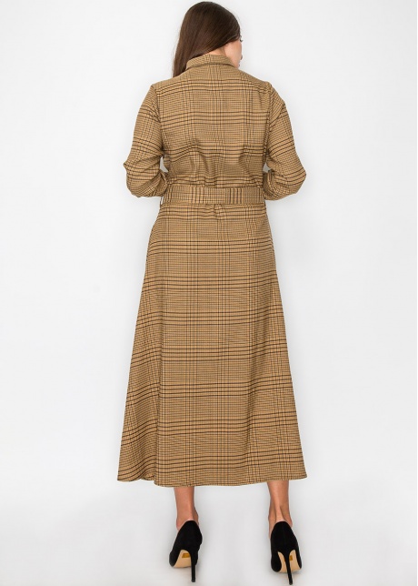Camel Plaid Shirt Dress with Belt