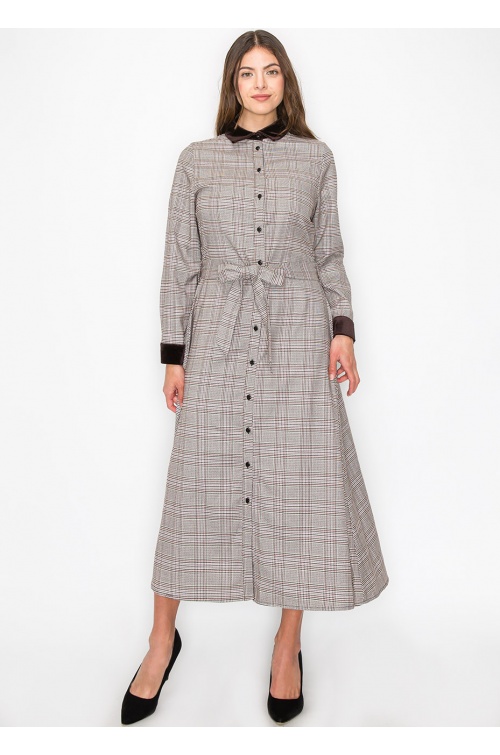 Mauve Plaid Maxi Shirt Dress