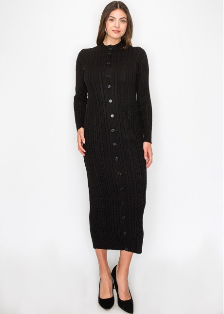 Black Cable Knit Button-Down Dress