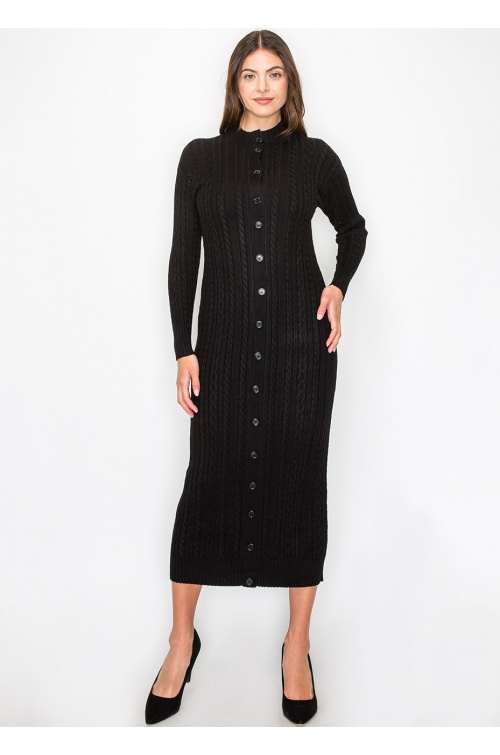 Black Cable Knit Button-Down Dress