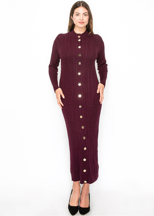 Burgundy Cable Knit Button-Down Dress