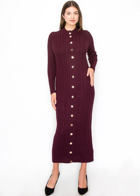 Burgundy Cable Knit Button-Down Dress