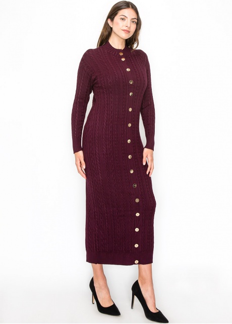 Burgundy Cable Knit Button-Down Dress