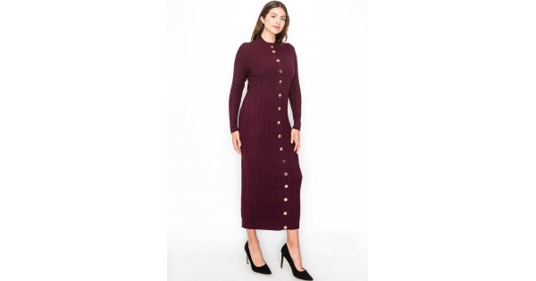 Burgundy Cable Knit Button-Down Dress | Modest Women