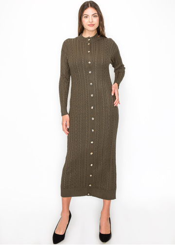 Olive Cable Knit Button-Down Dress