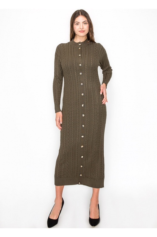 Olive Cable Knit Button-Down Dress