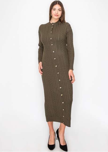 Olive Cable Knit Button-Down Dress