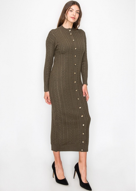 Olive Cable Knit Button-Down Dress