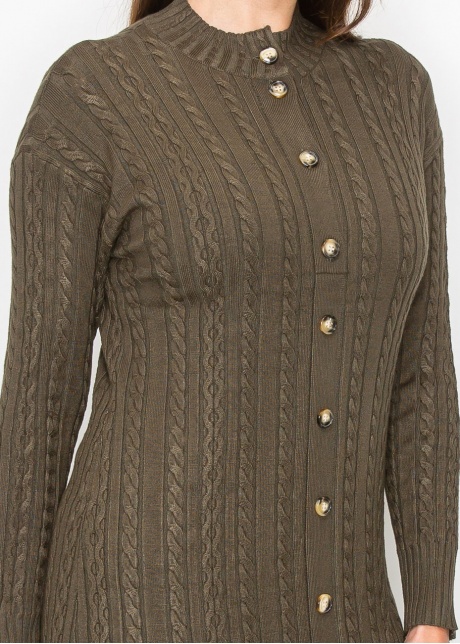 Olive Cable Knit Button-Down Dress
