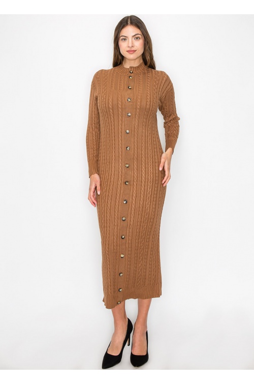 Rust Cable Knit Button Dress