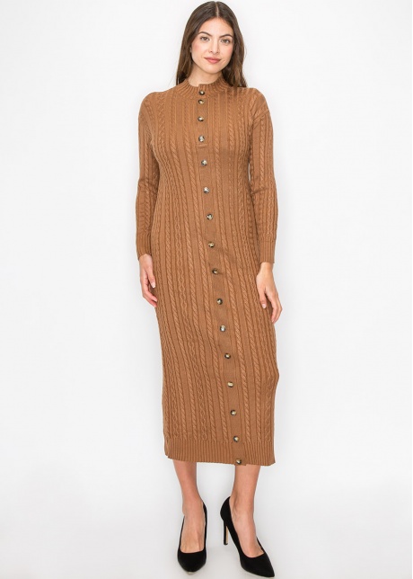 Rust Cable Knit Button Dress