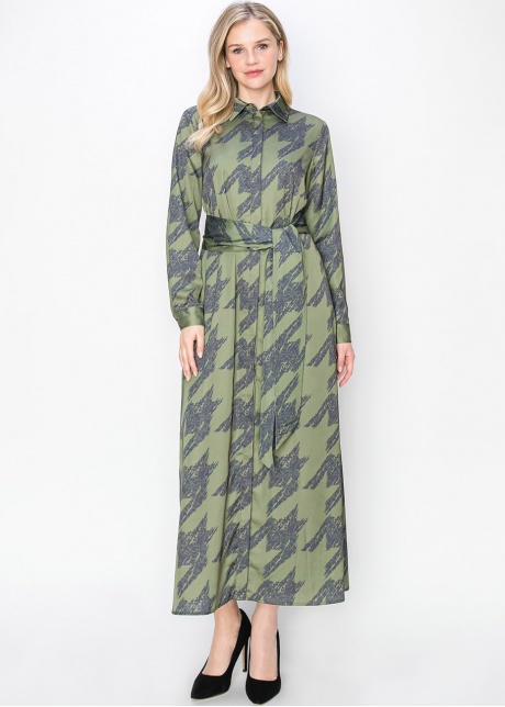 Abstract Olive Long-Sleeve Dress
