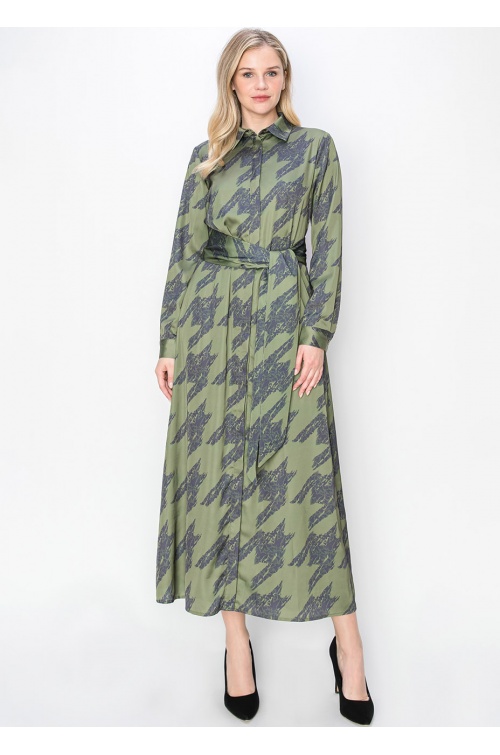 Abstract Olive Long-Sleeve Dress