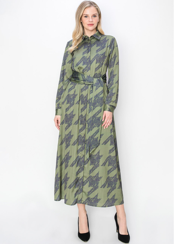 Abstract Olive Long-Sleeve Dress