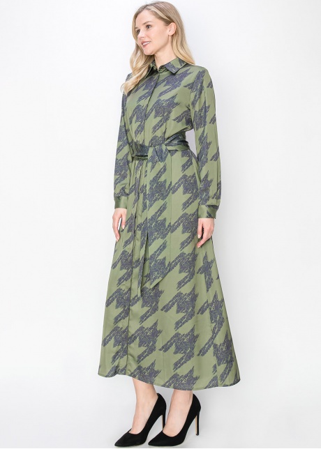 Abstract Olive Long-Sleeve Dress