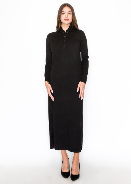 Black Knit Midi Dress with Button Detail
