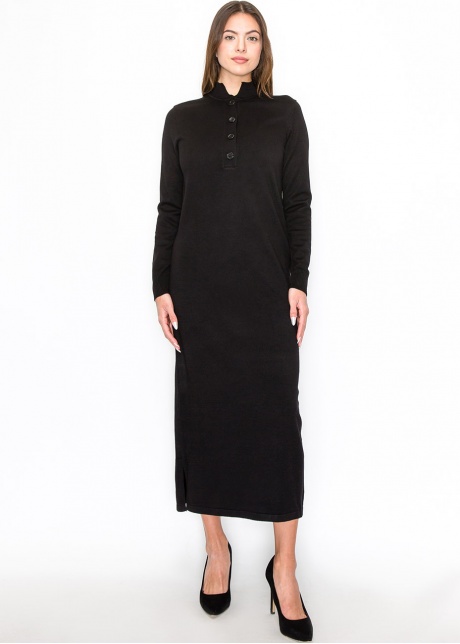 Black Knit Midi Dress with Button Detail