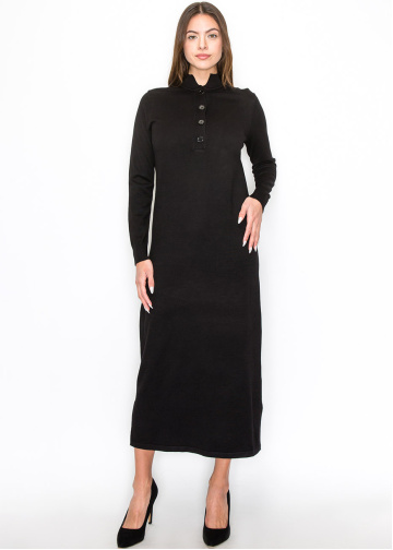 Black Knit Midi Dress with Button Detail