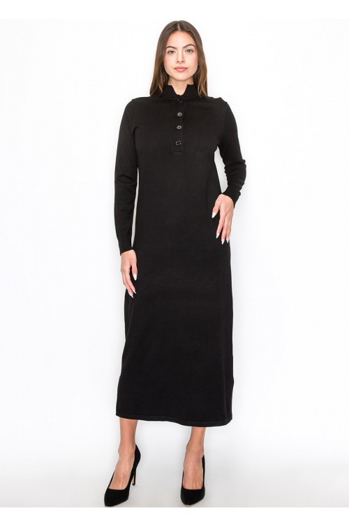 Black Knit Midi Dress with Button Detail