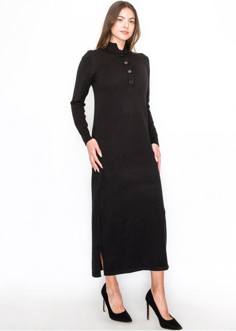 Black Knit Midi Dress with Button Detail