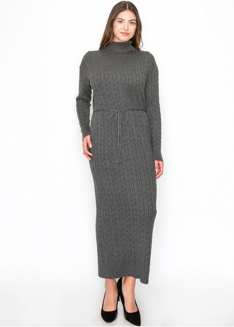 Long Grey Knit Dress with Belt