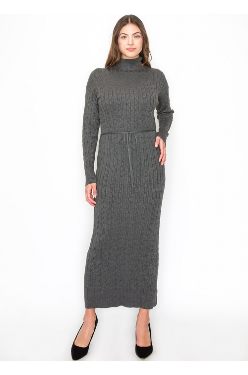 Long Grey Knit Dress with Belt