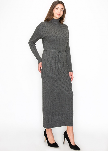 Long Grey Knit Dress with Belt