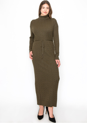 Long Olive Knit Dress with Belt