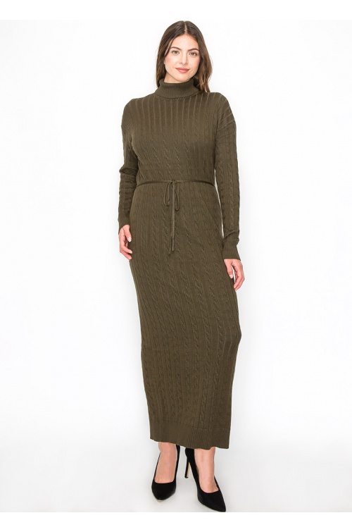 Long Olive Knit Dress with Belt