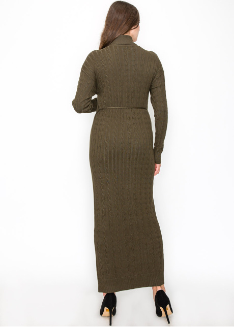 Long Olive Knit Dress with Belt