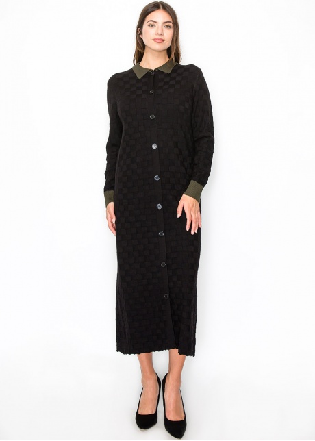 Black Knit Midi Dress with Olive Trim