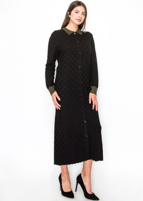 Black Knit Midi Dress with Olive Trim