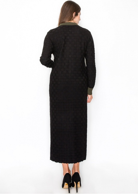 Black Knit Midi Dress with Olive Trim