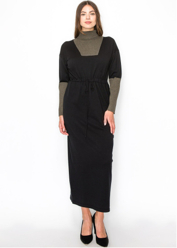 Modern Black Dress with Olive Contrast Panels