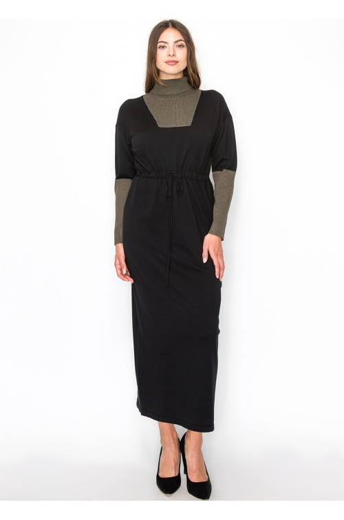 Modern Black Dress with Olive Contrast Panels