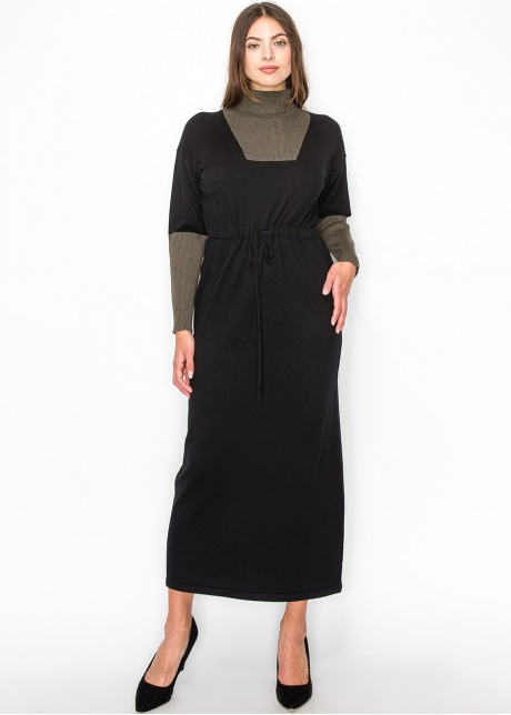Modern Black Dress with Olive Contrast Panels