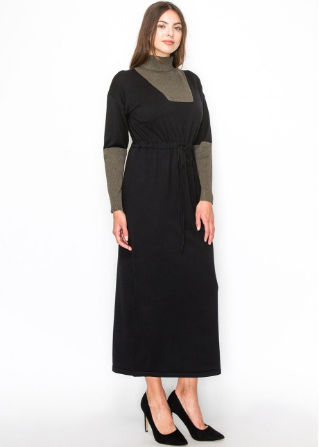 Modern Black Dress with Olive Contrast Panels