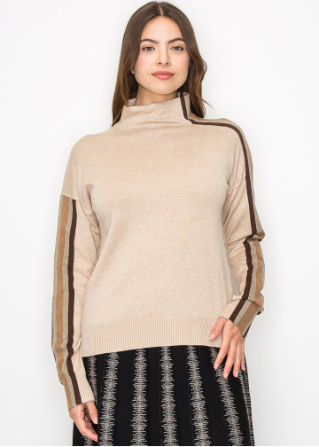 Striped Sleeve Mock Neck Pullover