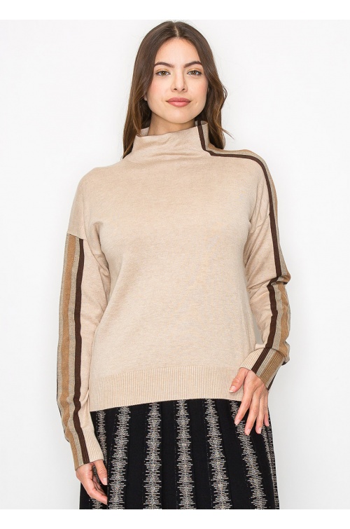 Striped Sleeve Mock Neck Pullover