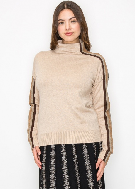 Striped Sleeve Mock Neck Pullover