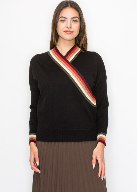 Black Sweater with Colorful V-Neck Detail