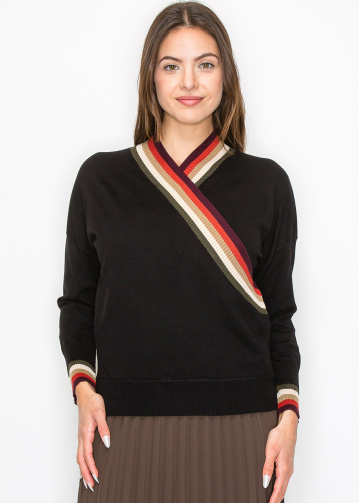 Black Sweater with Colorful V-Neck Detail