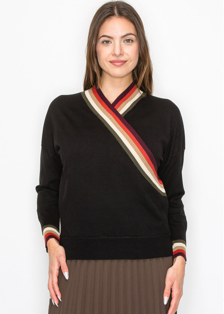 Black Sweater with Colorful V-Neck Detail