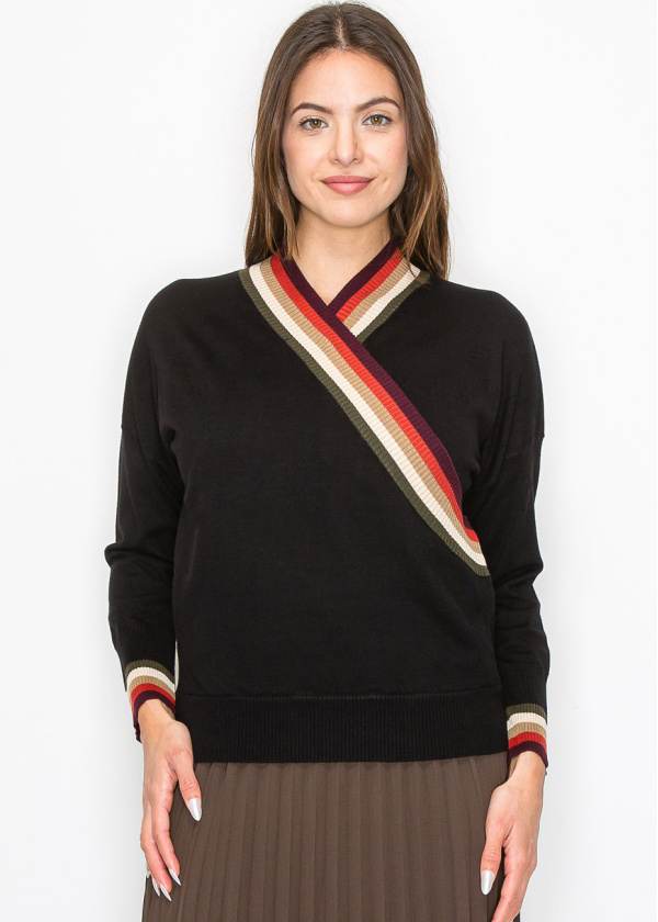 Black Sweater with Colorful V-Neck Detail