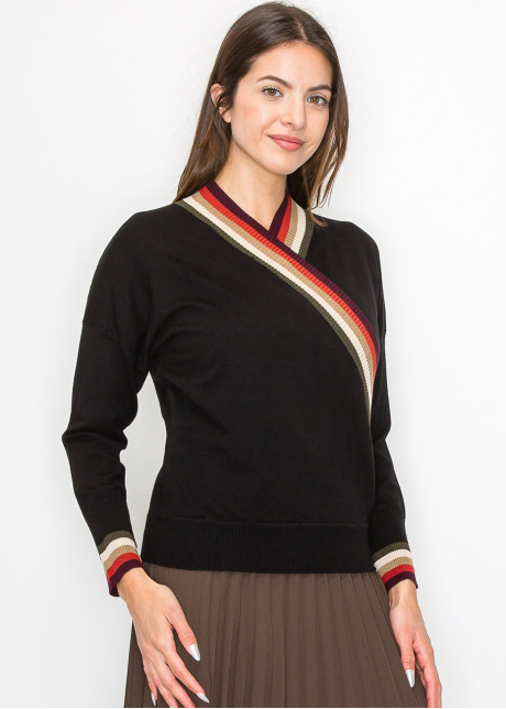 Black Sweater with Colorful V-Neck Detail