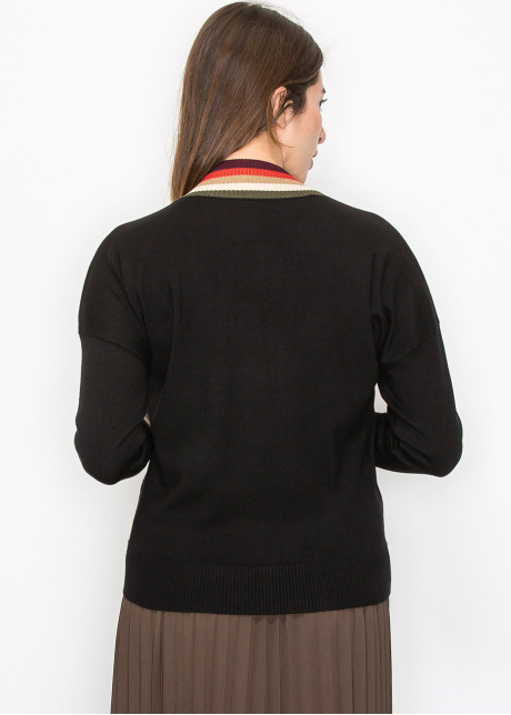 Black Sweater with Colorful V-Neck Detail