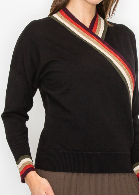 Black Sweater with Colorful V-Neck Detail