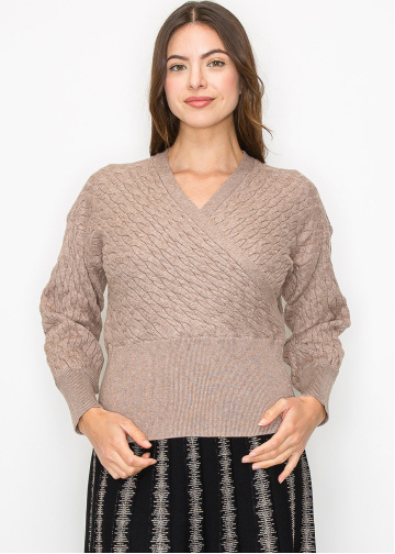 Taupe Cable-Knit Wrap Sweater
