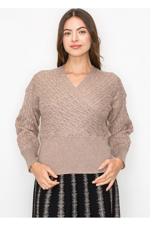 Taupe Cable-Knit Wrap Sweater